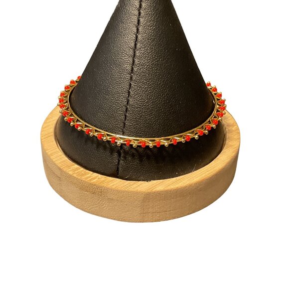 Vintage Gold Bangle Bracelet With Red Beads - Picture 3 of 3